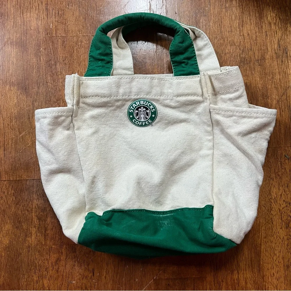 Starbucks Canvas Cream and Green Tote Lunch or Drink Bag Logo - Picture 2 of 7